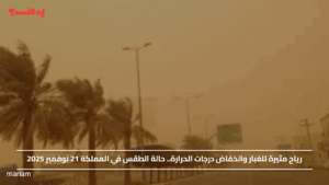 رياح مثيرة للغبار وانخفاض درجات الحرارة.. حالة الطقس في المملكة 21 نوفمبر 2025