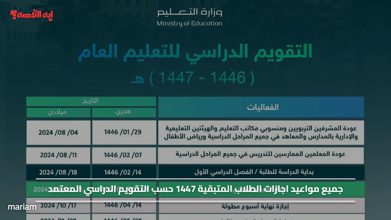 جميع مواعيد اجازات الطلاب المتبقية 1447 حسب التقويم الدراسي المعتمد