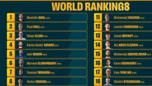 تصنيف الاسكواش.. مصطفى عسل على القمة ونقاط هونج كونج تعيد نوران جوهر للصدارة