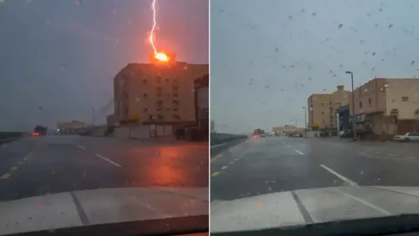 صاعقة تضرب مبنى في جدة وتعرض السيارات المجاورة لخطر مباشر