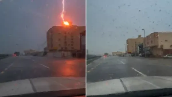 صاعقة تضرب مبنى في جدة وتعرض السيارات المجاورة لخطر مباشر