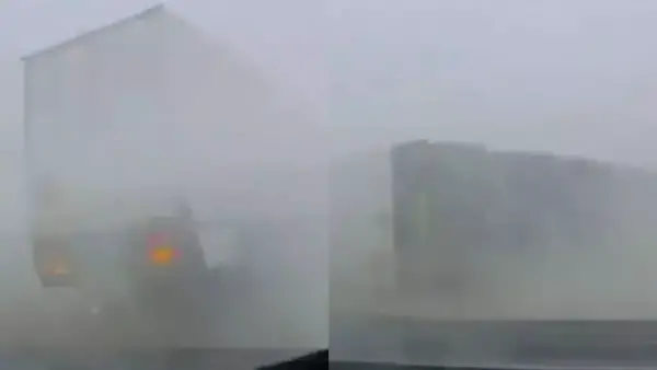 حادث طريق حرض.. رياح شديدة تتسبب في انقلاب شاحنة ضخمة وسط العاصفة