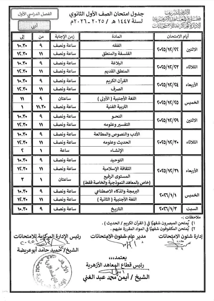 تأجيل مفاجئ.. موعد امتحانات صفوف النقل الإعدادية والثانوية الأزهرية 2026 وجدولها الجديد 9 تأجيل مفاجئ.. موعد امتحانات صفوف النقل الإعدادية والثانوية الأزهرية 2026 وجدولها الجديد